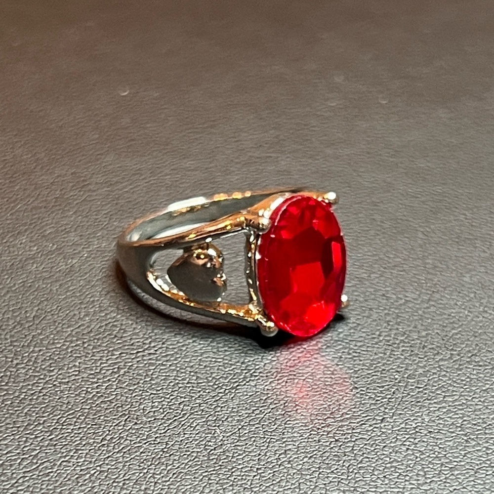 Silver Plated Heart Decor Ring with Fiery Red Gemstone